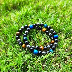 Tiger Eye Bracelet Set of 2 Hematite Obsidian Triple Protection Blue Brown 8MM
